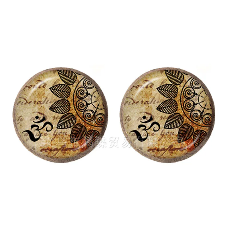 Mandala Lotus Flower Stud Earrings Om Yoga Symbol Buddhism Zen Glass Cabochon Vintage Jewelry For Women Girls Gift