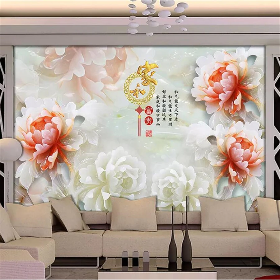 wellyu Custom wallpaper 3d flowers rich jade carved living room hotel TV background wallpaper mural papel de parede 3d wallpaper