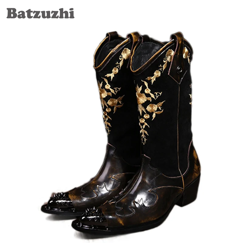 

Batzuzhi Super Cool! Rock Personality Man Boots Knight Motocycle Boots Leather Cowboy Boots for Man Zapatos Hombre, EU38-46!