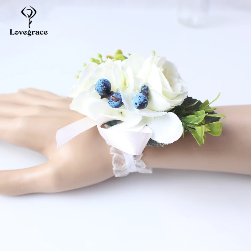 Lovegrace Artificiali Fiori di Seta di Fascia Da Polso e Corpetti Blu Giallo Damigella D'onore Del Braccialetto Da Sposa Bouquet di Fiori Mano Forniture