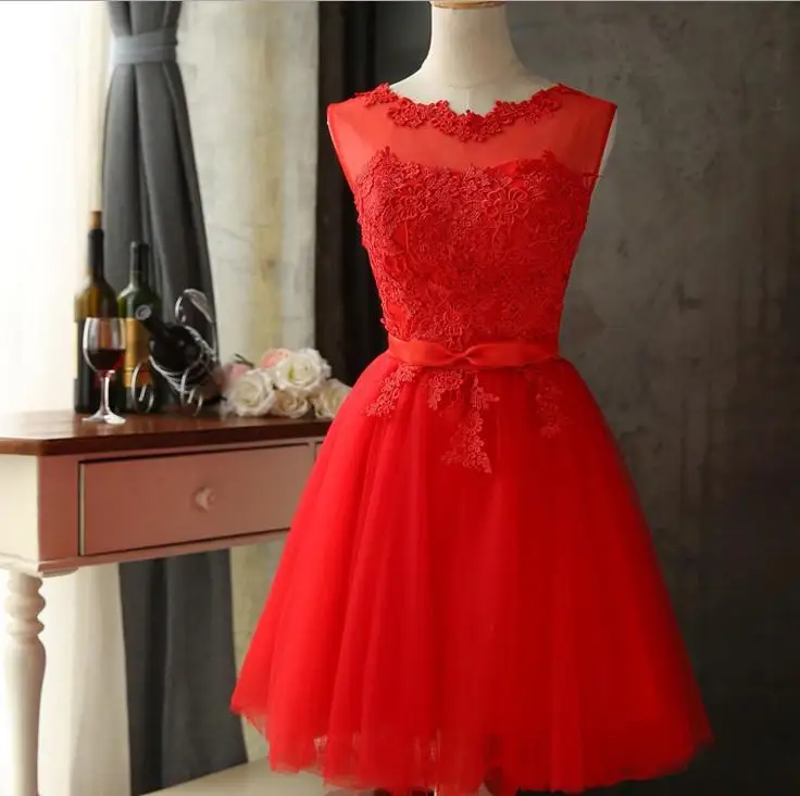 Customized Short White Party Dress Bridesmaid Gradaution Prom Gown Lady Tulle Lace Up Champagne Gray Red Wedding Dresses