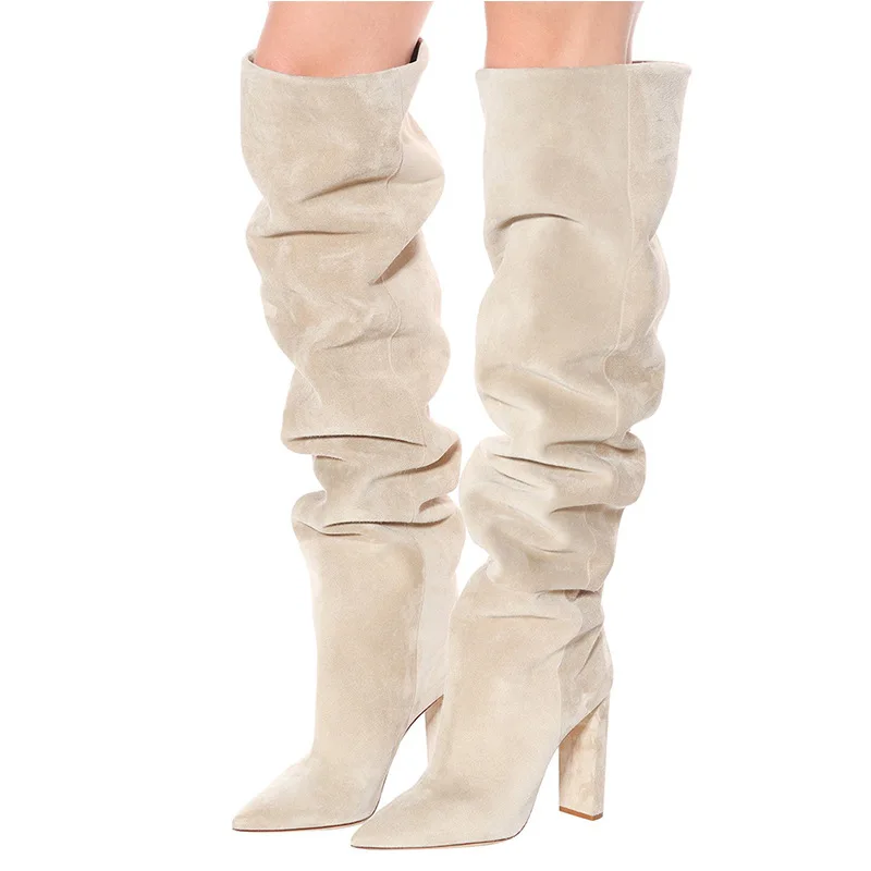 

Sexy Beige Suede Stretch Fabric Over The Knee Boots High Heel Pointed Toe Chunky Heels Thigh High Stiletto Boots Women Plus Size