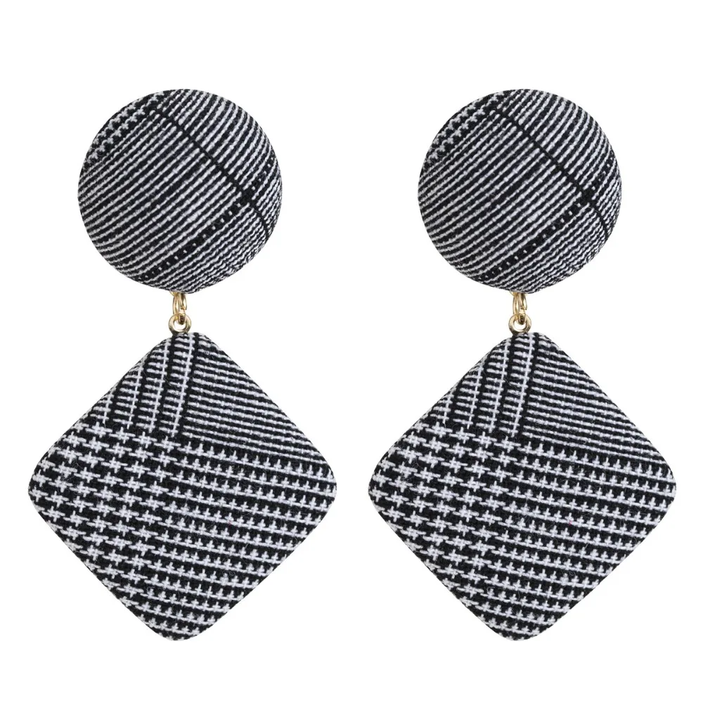 Elegant 4 Colors Houndstooth Plaid Fabric Round Square Geometric Earrings for Women Girls Cloth Jewelry Accessories Gift