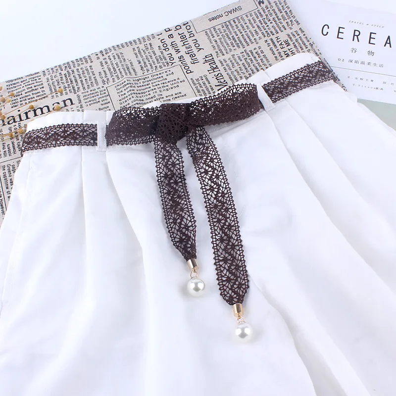 women Fashion lace hollow girdle thin pearl belt rope for dresses tassel waistband belt knot decorated narrow ribbon black