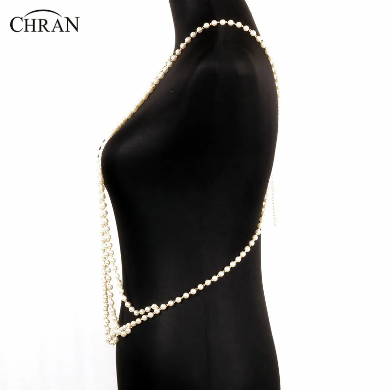 Chran Beach Chain Bra Faux Pearl Long Harness Necklace For Women Chainmail EDC Outfit Belly Waist Wear Festival Jewelry CRBJ171