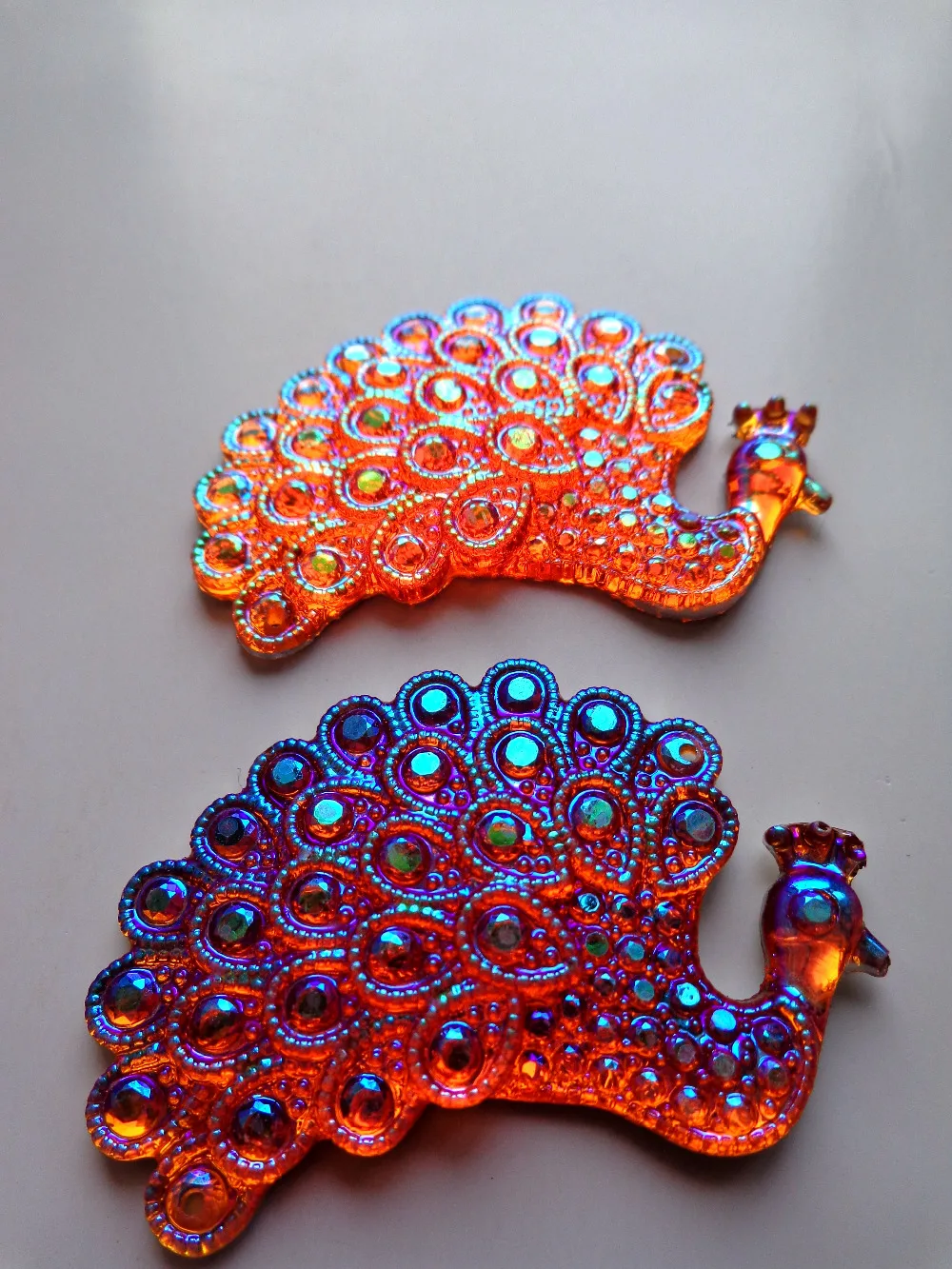 10pcs  new fashion style sew on crystls  peacock shape 48*33mm flatback orange rhinestones 2 holes gem stone  for dress