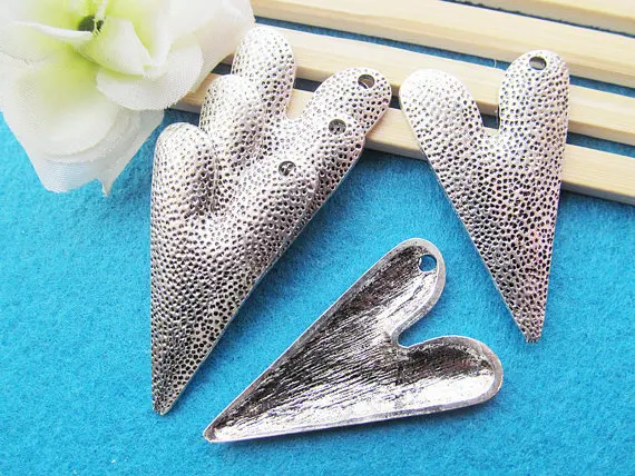 5pcs Antique Silver tone Filigree Heart Pendant Charm/Finding,Dotted Pinholes Long Sharp Pointed,DIY Accessory Jewelry Making