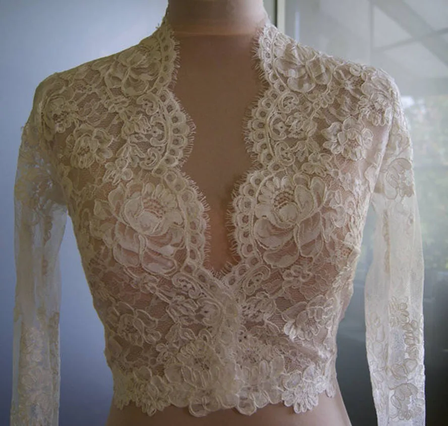 Neue Vintage Hochzeit Spitze Jacken Mit Langen Ärmeln Sexy V-ausschnitt Spitze Braut Boleros Nach Maß Spitze Bolero hochzeit Zubehör