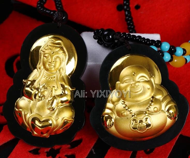 Wonderful Natural Black Dark Hetian Jade + 18K Gold Chinese GuanYin Buddha Amulet Lucky Pendant + free Necklace Fine Jewelry