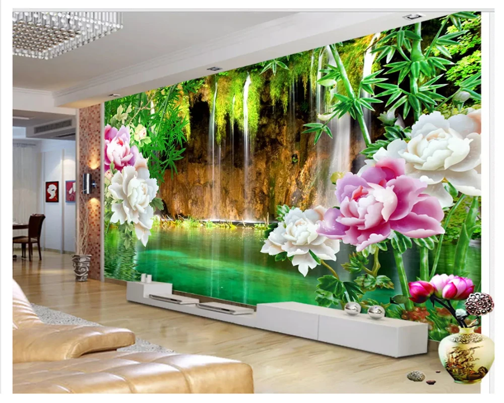 beibehang Jade Water Curtain Waterfall Bamboo Peony TV Wall Decorative Painting papel de parede wallpaper for walls 3 d behang