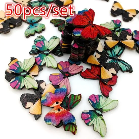 50pcs Butterflies Buttons Mixed Buttons Scrapbooking  Wooden Snaps