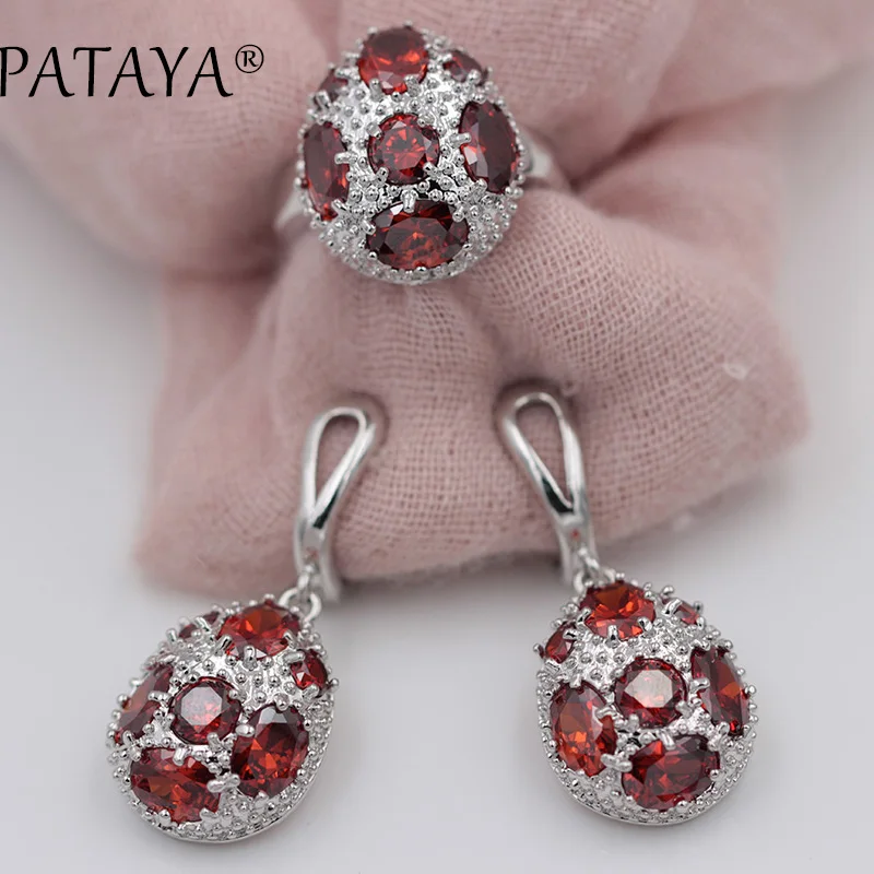 

PATAYA New WomenTrue White Gold Color Romantic Wedding Party Jewelry Set Pomegranate Red Natural Zirconia Earrings Ring Sets