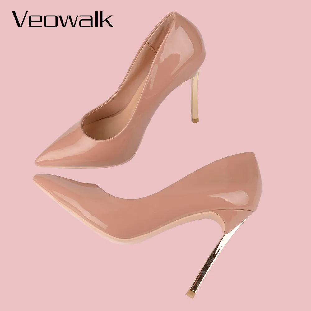 Veowalk Women Shoes High Heels Women Pumps Stiletto 10CM Heels Sexy Woman High Heels Patent Leather Pointed Toe Wedding Shoes