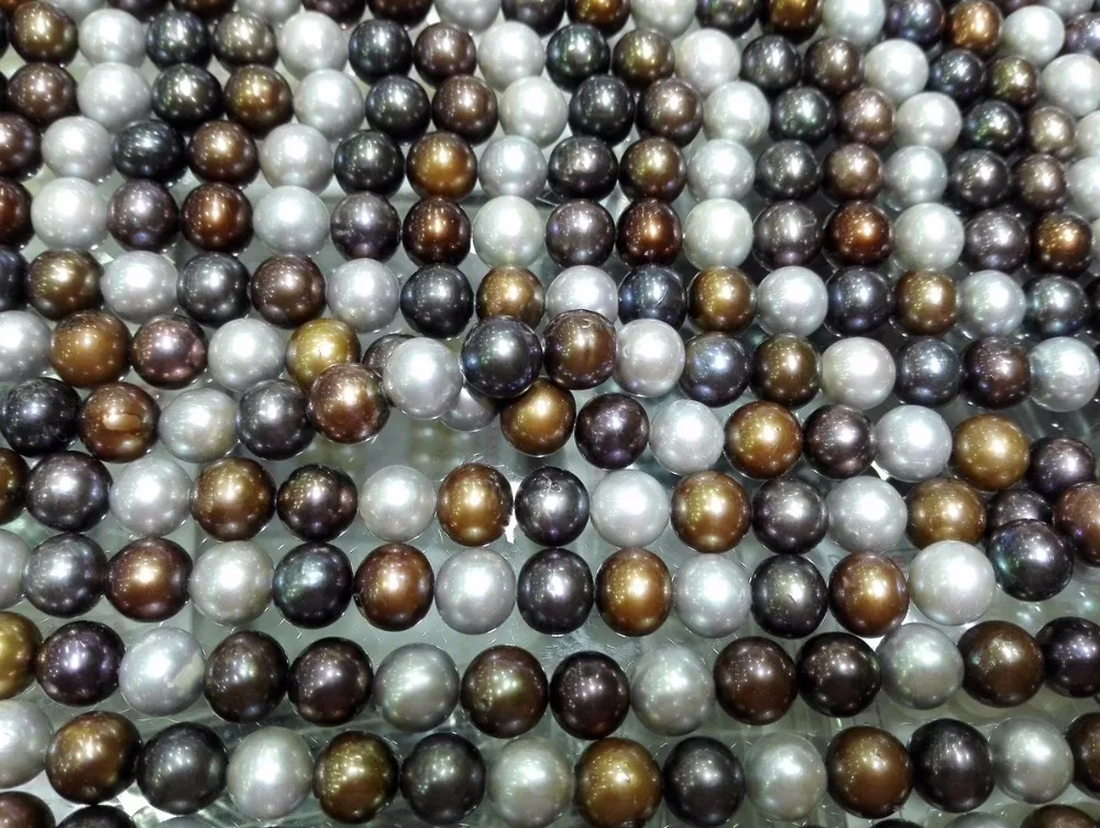 One Strands Real Pearl Bead 10-12mm Gray Brown Blue Mixed Colors Round Pearl Natural Freshwater Pearl loose beads 35cm / 15inch