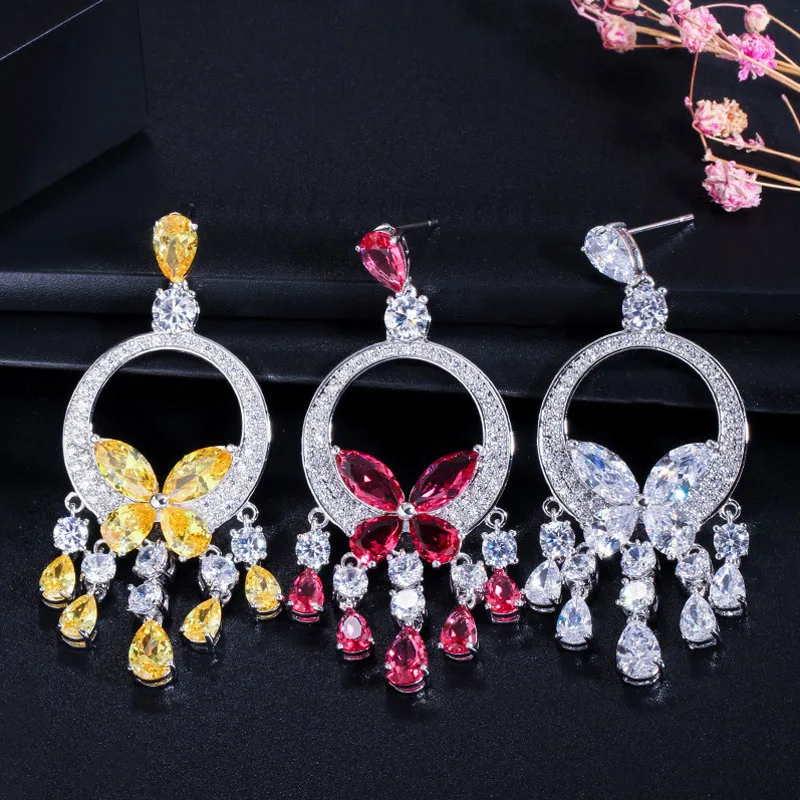 CWWZircons Quality Long Big CZ Stone Yellow Crystal Tassel Drop Earrings for Women Fashion Statement Wedding Party Jewelry CZ034