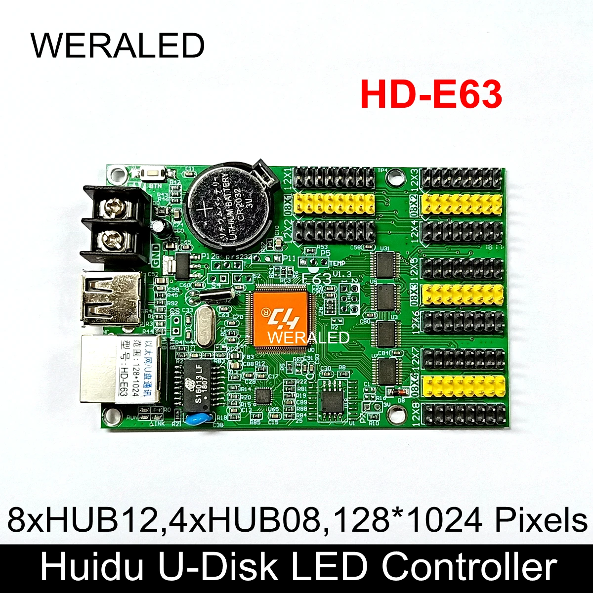 

Huidu HD-E63 U-Disk & RJ45 Ethernet Port Single Color Dual Color Large LED Message Board Controller,Support P4.75 P10 LED Module