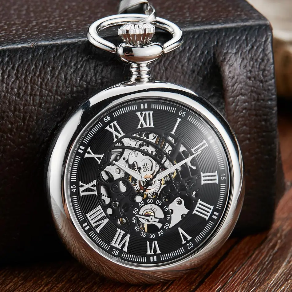 Steampunk Smooth Mechanical Pocket Watches Men Women Fashion Luxury Brand Hand Wind Necklace Pocket & Fob Watch Chain Silver