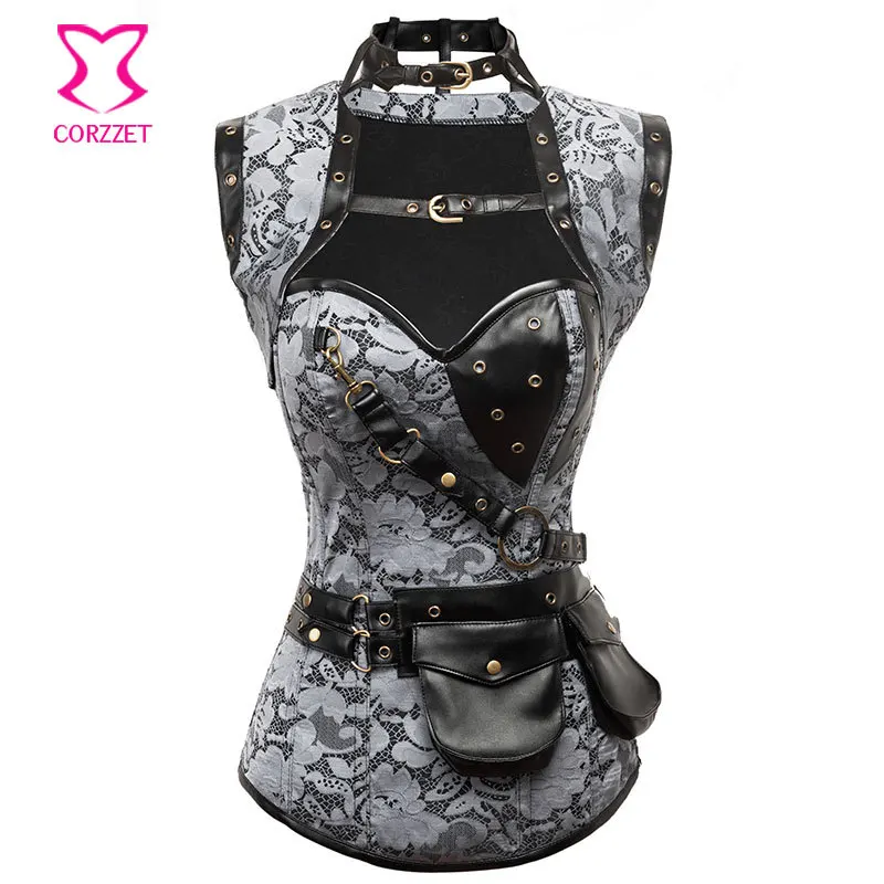 

Corzzet Gray Brocade Steampunk Armor Corset And Jacket Burlesque Gothic Plus Size Steel Boned Overbust Corsets And Bustiers