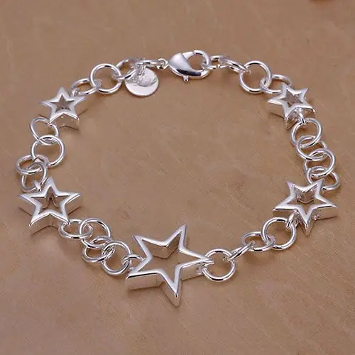 Wholesale Delicate S925 Sterling Silver Color Lovely Bracelet For Girls Ladies Fashion Jewelry Hollow Stars Pendant Bracelet