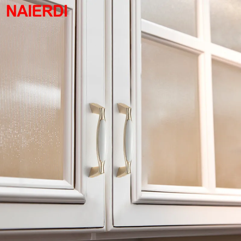 NAIERDI Gold White Creamic Gold Cabinet Handles Knobs Drawer Pulls Kitchen Door Handles Furniture Handle Cabinet Door Hardware