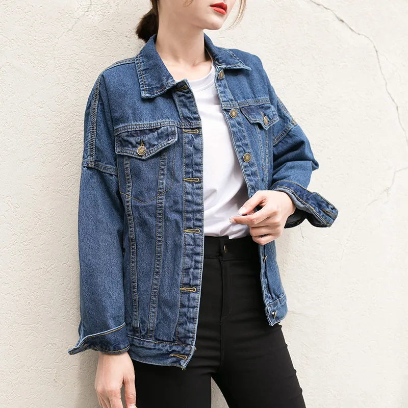 

Women's Long Sleeve Loose Denim Jacket, Basic Coats, Black, All-match, BF, Ladies Fashion, Y1169,