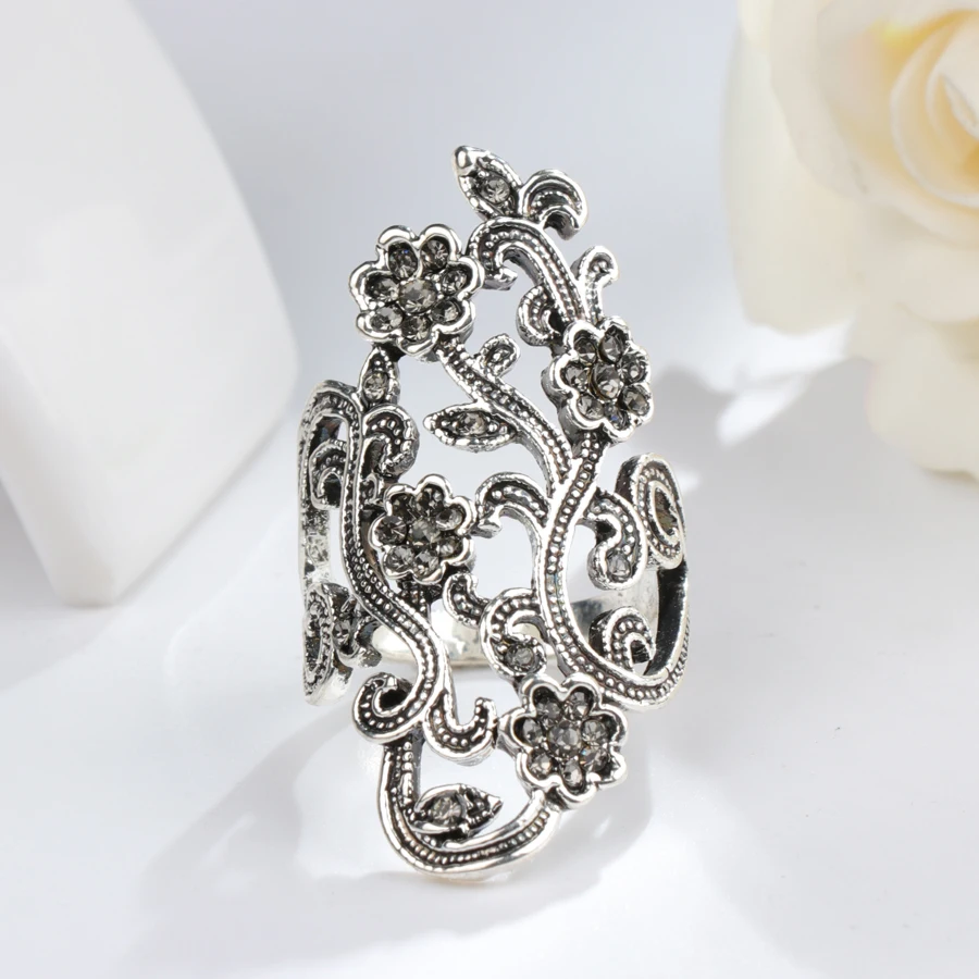 Kinel Graceful Antique Tibetan Silver Crystal Flower Rings For Women Vintage Jewelry Gray Crystal Big Ring Party Accessories