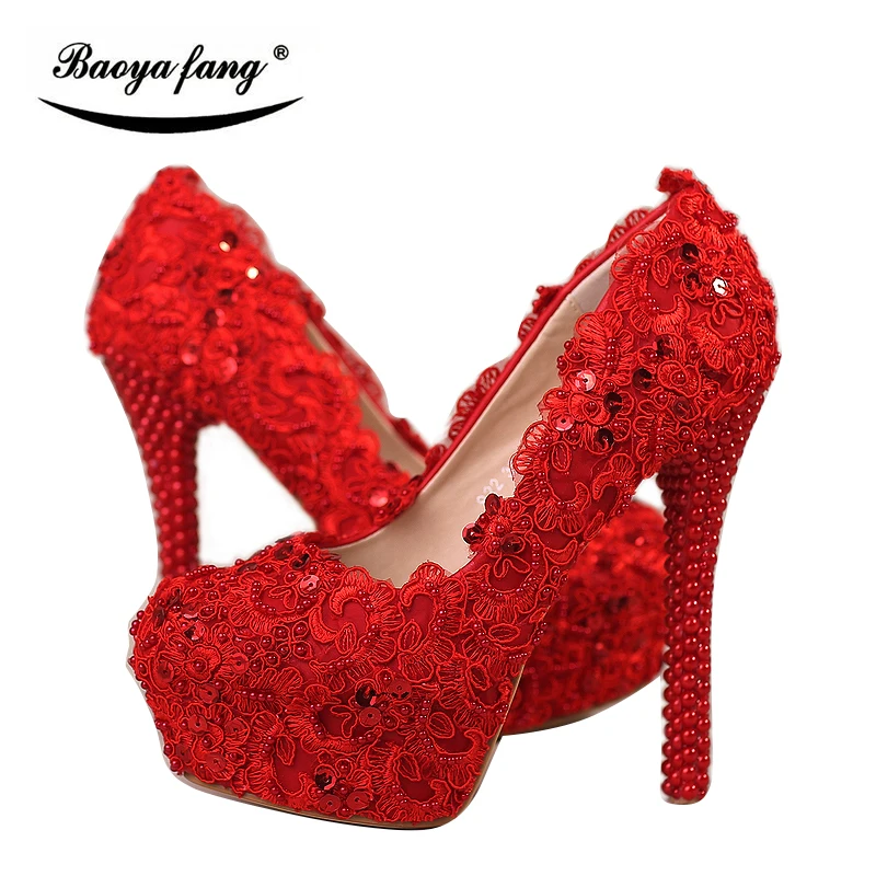 BaoYaFang Red lace pearl Womens Wedding shoes Bride Lace thin heel High heels Party dress shoes woman female shoes