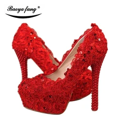 BaoYaFang Red lace pearl Womens Wedding shoes Bride Lace thin heel High heels Party dress shoes woman female shoes