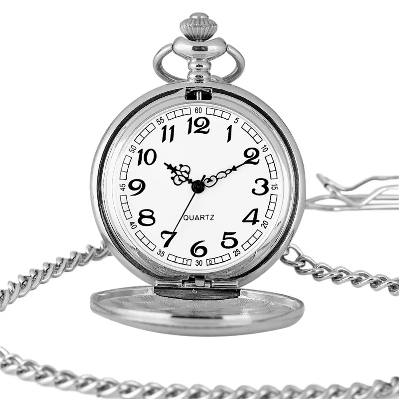 Fashion Simple Alloy Silver Smooth Quartz Fob Pocket Watch Men Women Casual Pendant Clock Best Gift for Kids With 30 cm Chain