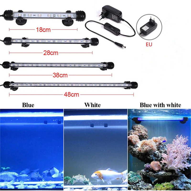 Aquarium Fish Tank 9/12/15/21 SMD5050 LED Light Blue/White 18/28/38/48CM Bar Submersible Waterproof Clip Lamp Decor EU Plug S40