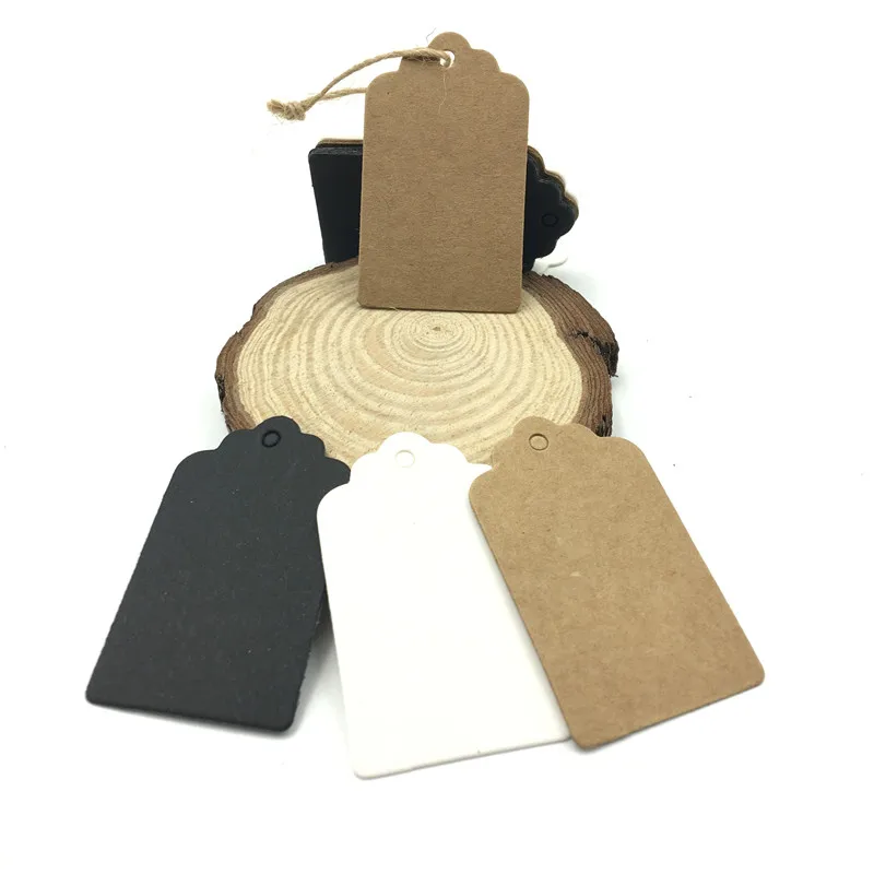 100pcs/lot White Black Brown Kraft Paper Tags DIY Scallop Head Label Luggage Wedding Note Blank Price Hang Tag String 5*3cm