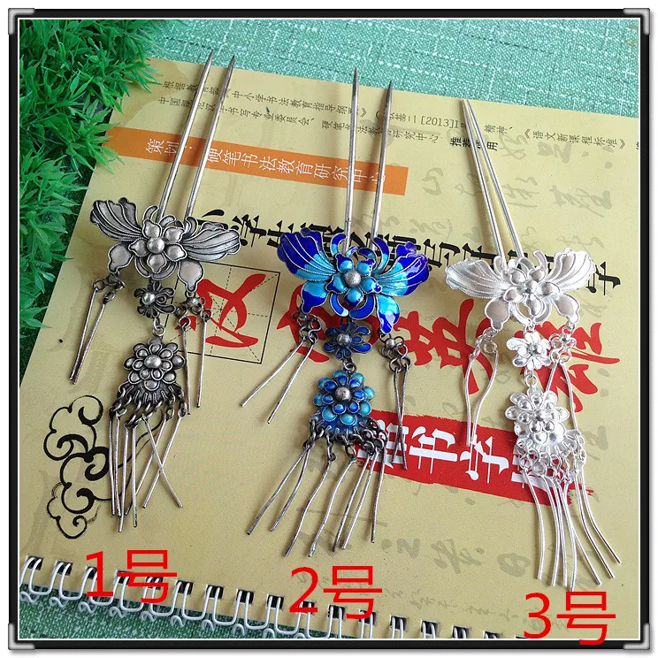 

Long Tassel Miao 999 Fine Silver Gold Plated Cloisonne Hair Stick Pure Handmade Antique Pinach Artwork Miao Hair Accessories