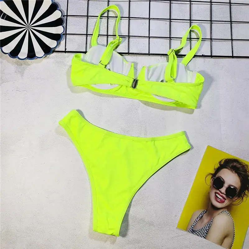 Bikini de cintura alta con aros para mujer, traje de baño acanalado con realce, color verde neón, conjunto de dos piezas, 2024