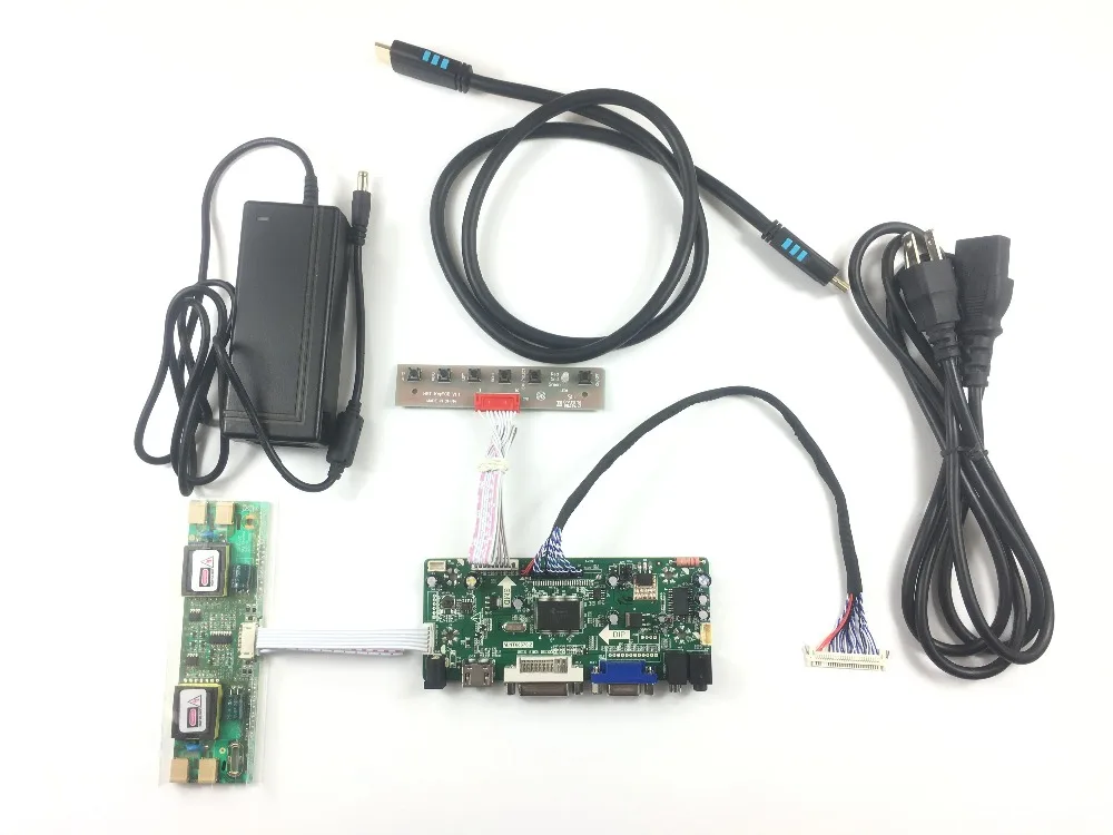 Free Shipping  DVI VGA Audio LCD Controller Board +LVDS cable+In12V 4A Power Adapter+Iverter board+OSD board+  Cable