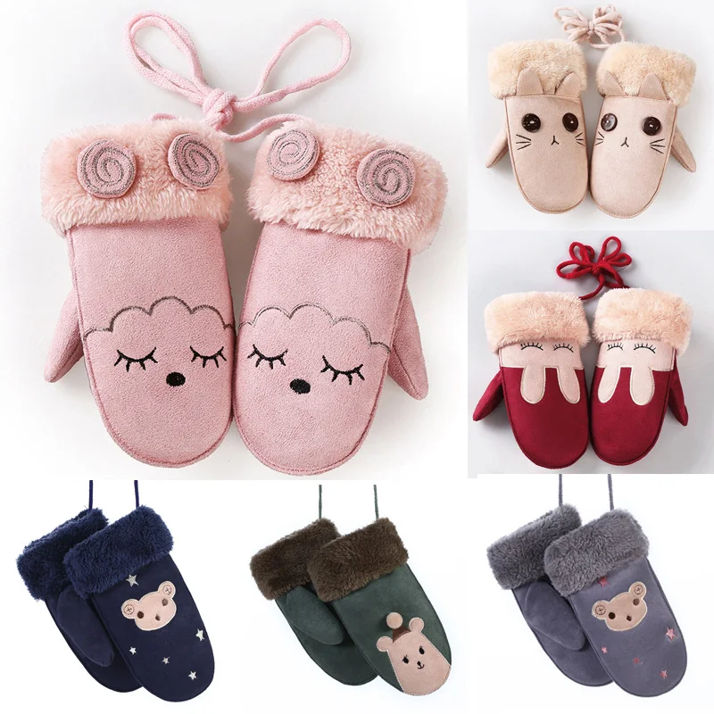 2022 New Winter Girls Boy Gloves Cute Cartoon Rabbit Thicken Warm Fleece Glove Kids Full Finger Gloves Wrist Mittens Hand 1Pairs