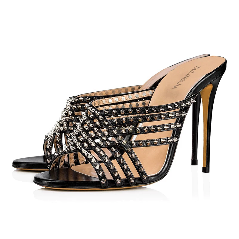 Stylish Black Open Toe High Heel Mules with Spikes Straps Women Heeled Rivets Sandals Party Dress Shoes Ladies Summer Heels 2022