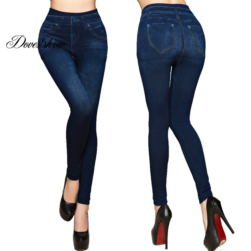 Fashion Slim Women Plus Size Faux Denim Jeans Leggings For Fitness Workout Long Pocket Printing Summer Casual Pencil Pants