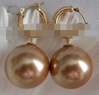 FREE SHIPPING wb001 Natural 18mm Champagne Shell Round Pearl Earrings Dangle 14k