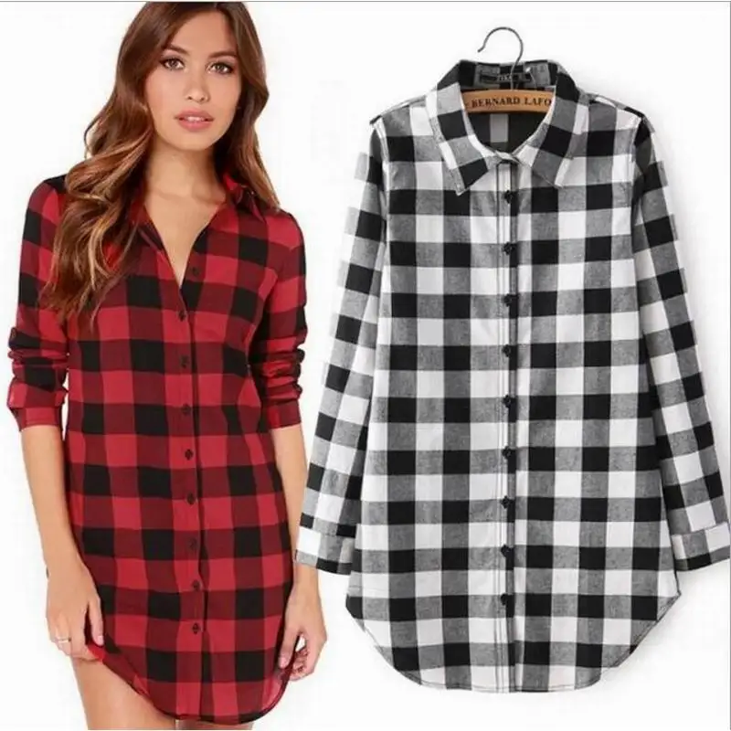 New Women Check Shirt Ladies Striped Tartan Lumberjack Collar Top Long Length