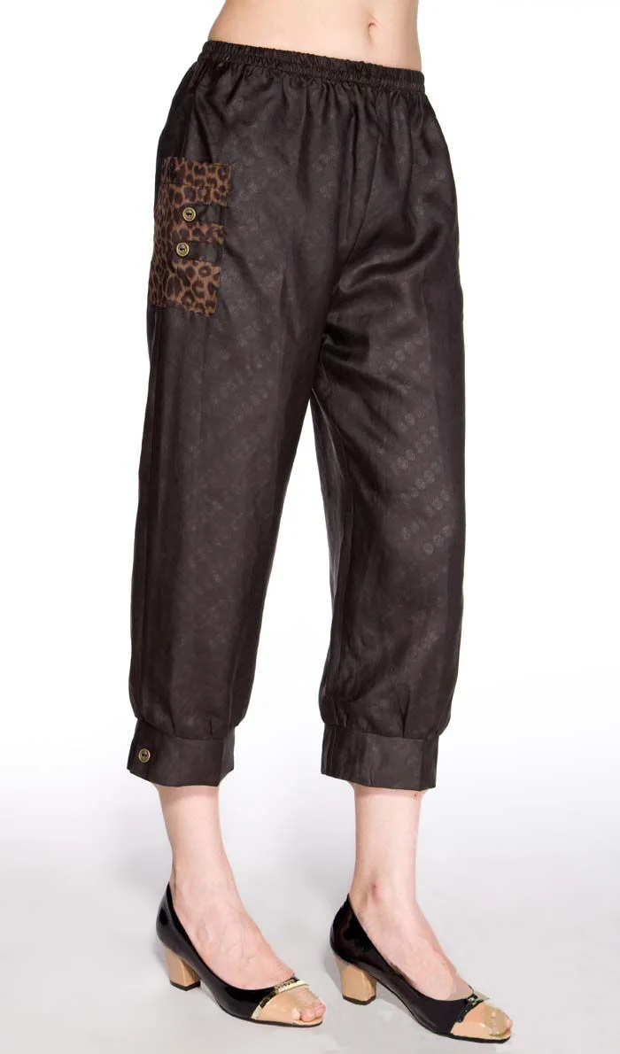 New arrival pure silk  wateredgauze lady leopard print pants,100% Gambiered Canton silk side-pockets 8 cropped Pants women