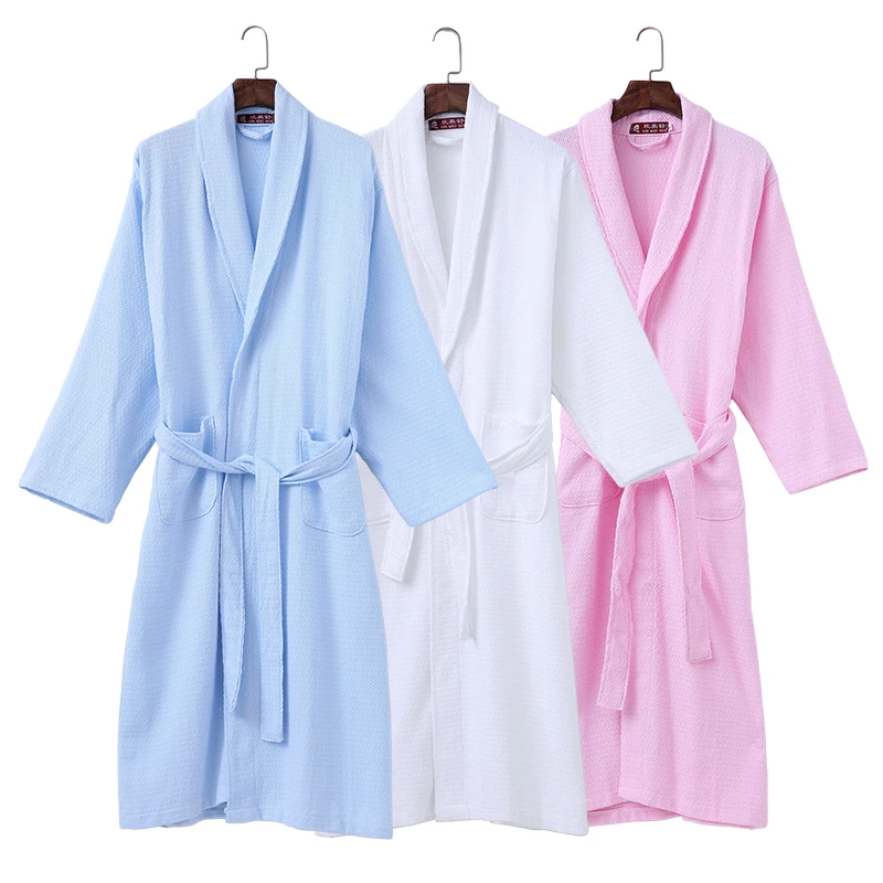 Women's Casual Cotton Sleepwear, Summer Nightwear, Kimono Robe, Elegant Bathrobe Belt, Bathroom Spa Robe, White and Pink, Autumn