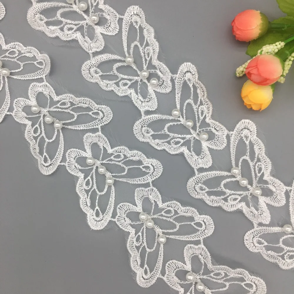 

50Pcs Organza Butterfly Pearl Applique Lace Trim Trimmings Beads Ribbons for Headband Clothing Wedding Dress Sewing Fabric Craft