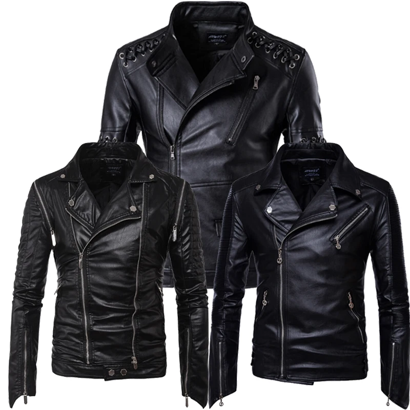 Super Quality PU Punk Fashion Male Slim Fit Black Biker Motorcycle Leather Jacket Men Plus Size 5XL