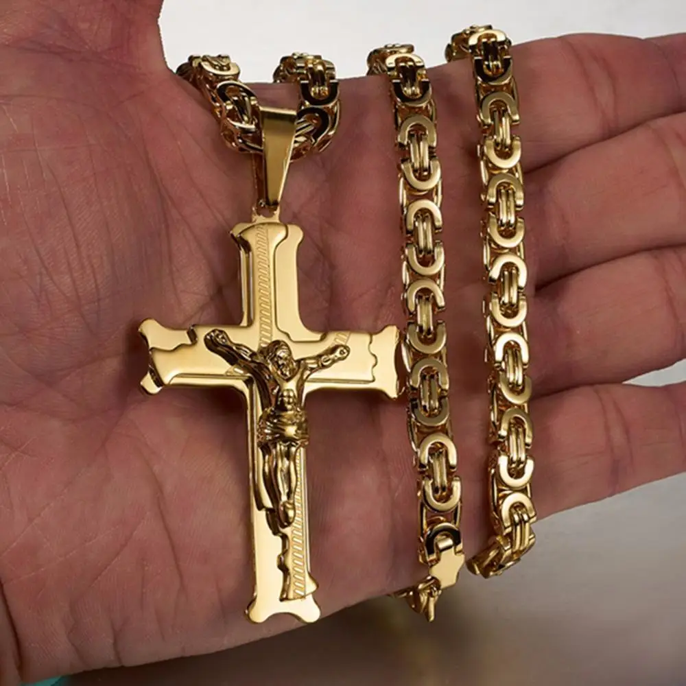 High Quality Gold Jesus Cross Men\'s Jewelry Stainless Steel Chain Byzantine Necklace Christian Crucifix Jewelry Christmas Gift