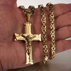 High Quality Gold Jesus Cross Men's Jewelry Stainless Steel Chain Byzantine Necklace Christian Crucifix Jewelry Christmas Gift