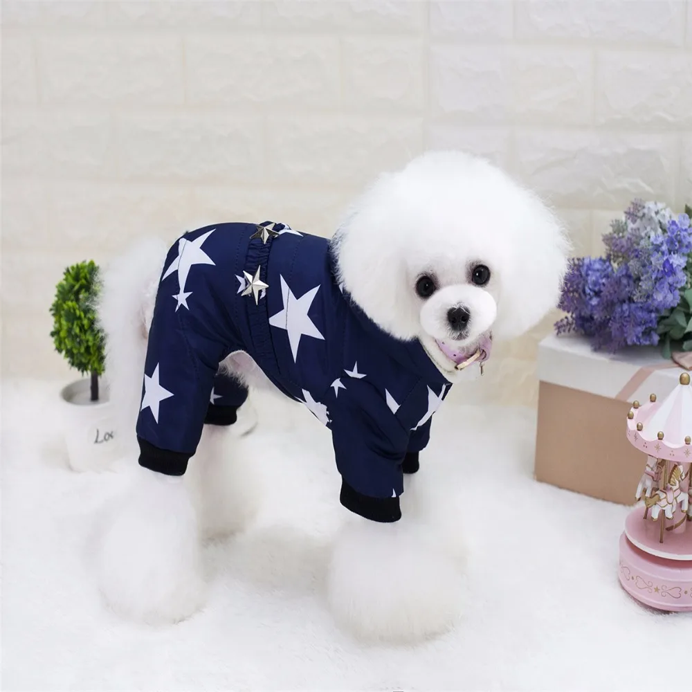 Snowsuit For Small Dogs Fleece Lined Star Belt Hooded Jumpsuit Four-Legs Pants Winter Coats Puppy Dog Chihuahua Apparel Cloth