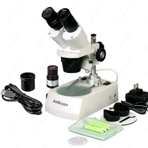 AmScope Binocular Stereo Microscope 5X-30X on Metal Pillar Stand +Top&Bottom LED Light and 1MP Digital Eyepiece Camera