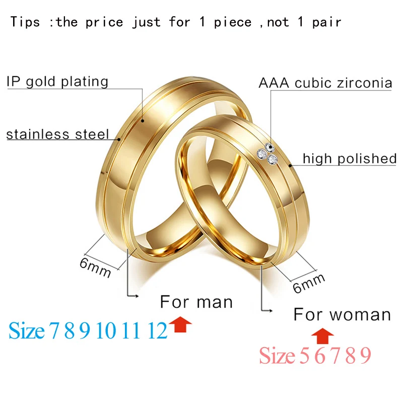 Vnox 2pcs/lots Couple Ring 316l Stainless Steel Engagement Wedding Jewelry Gold-color for Love