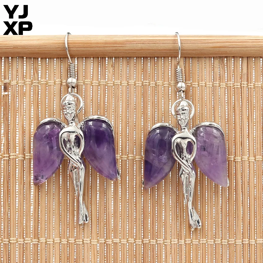 YJXP Small Angel Wing Earrings Natural Amethysts Rose Pink Quartzs Rock Crystal Opal Earings for Women Reiki Charms Jewelry Gift