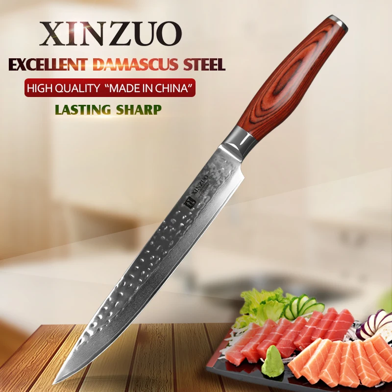 

XINZUO 8" inch Slicing Knife VG10 Damascus Steel Kitchen Cleaver Meat Knife Tool Slicing Knives with Pakkawood Handle